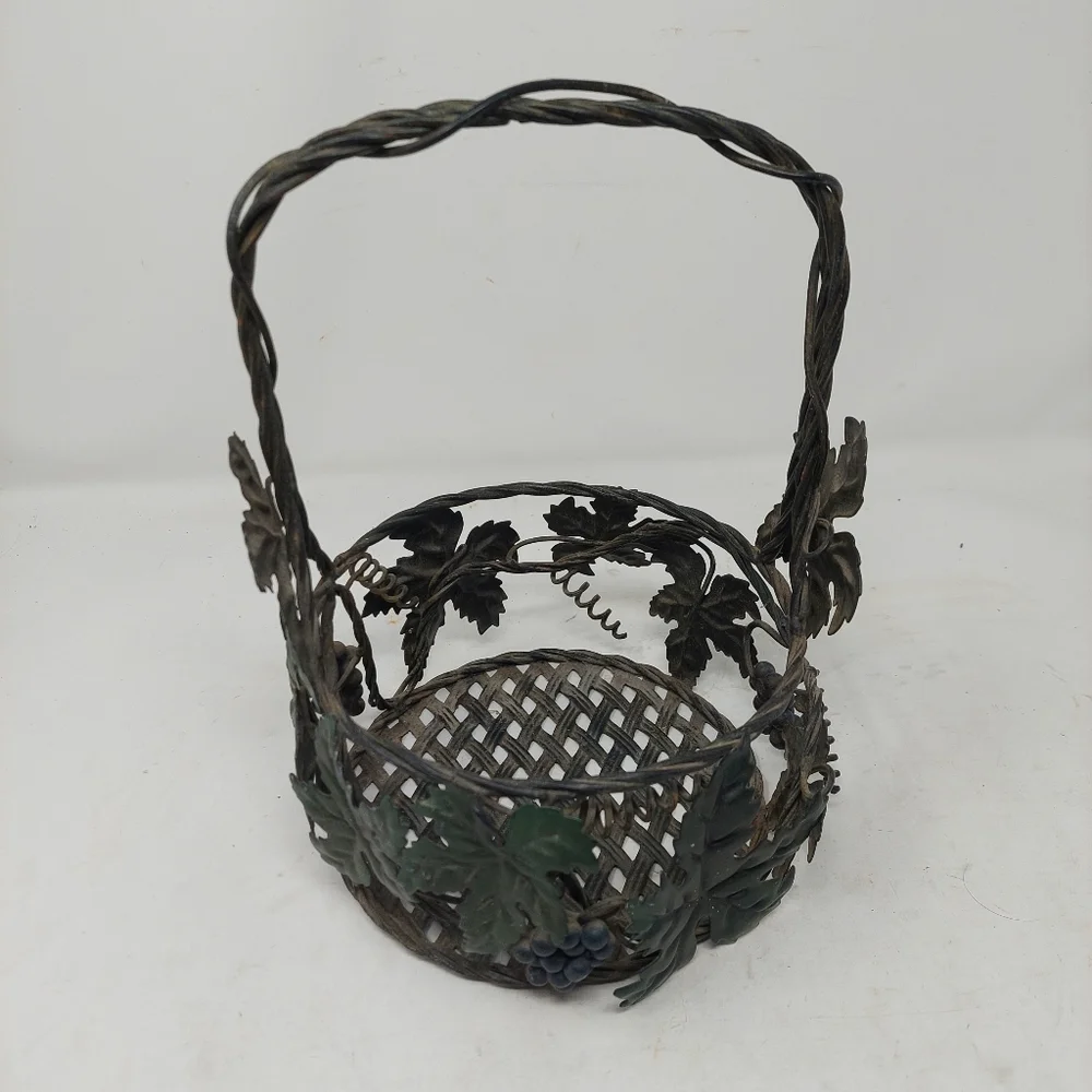 Wrought Iron Woven Grapes Ivy Metal Basket Open Weave Tuscan Wine Decorative